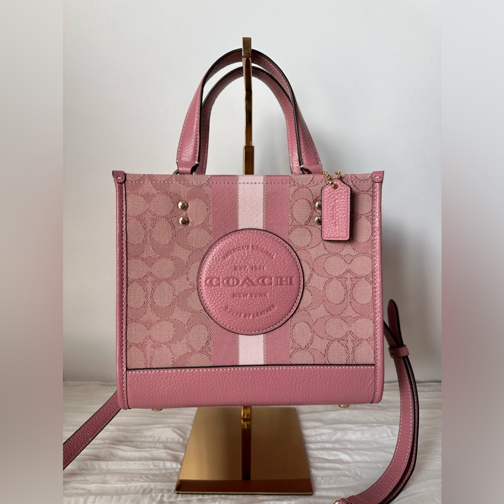 Pink Dempsey Tote Bag 22” in Signature Jacuard with Stripe and Coach Patch